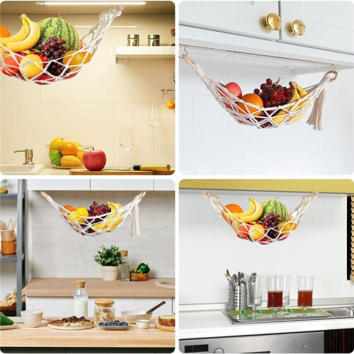2PCS Hanging Fruit Hammock, Macrame Fruit Hammock Basket, Fruit Hammock for Kitchen Under Cabinet, Banana Fruit Hammock 2