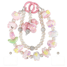 3D Handpainted Beaded Phone Wrist Strap for Women, Cute Pink Charm Set with Keychain and O Ring