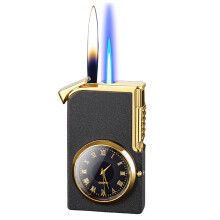 Butane Torch Lighter Dual Flame Control Windproof Blue Jet with Clock Display Zinc Alloy Refillable Pocket Design
