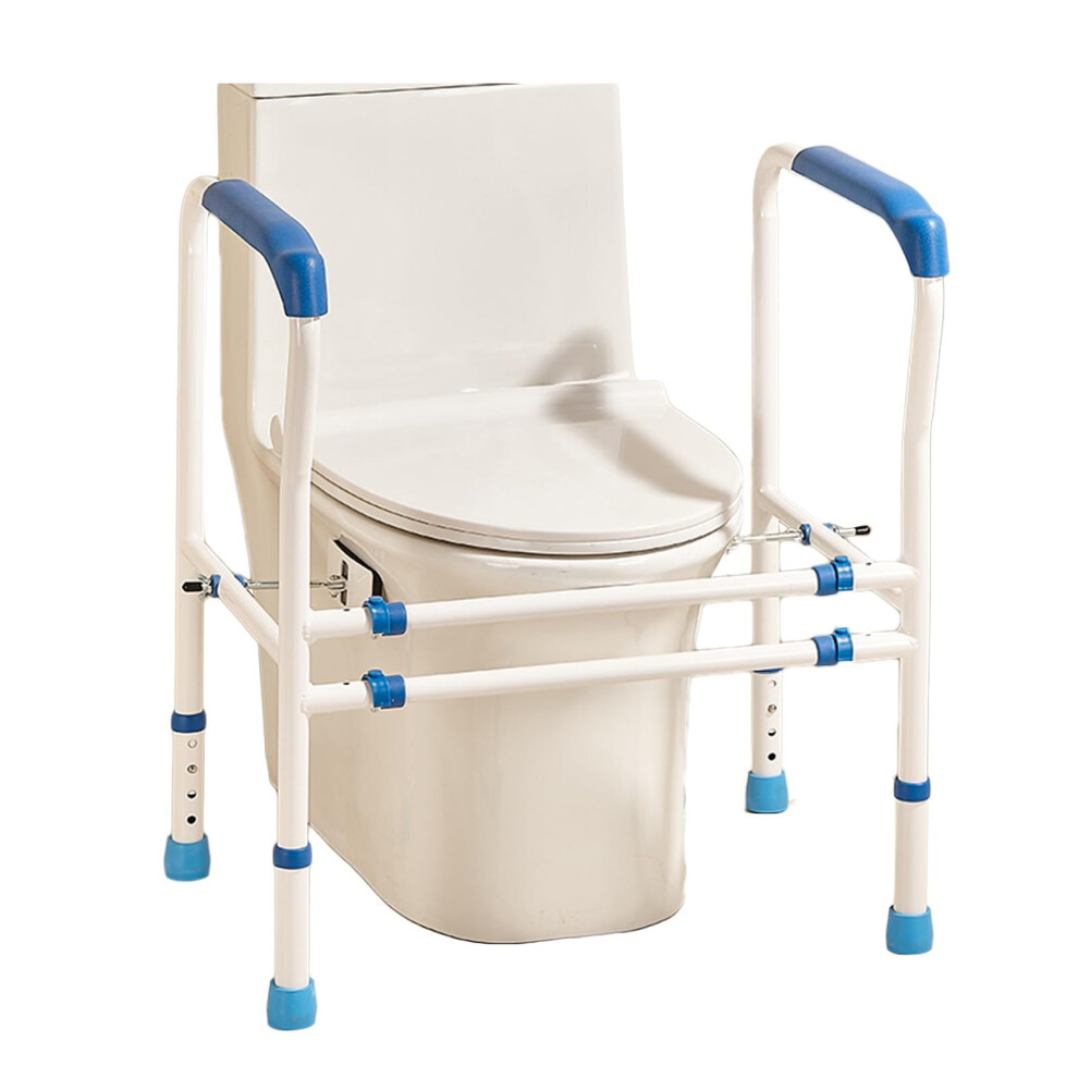 White Toilet Safety Frame With Adjustable Grab Bars, Carbon Steel Handrails, Ergonomic Armrests, Easy Assembly
