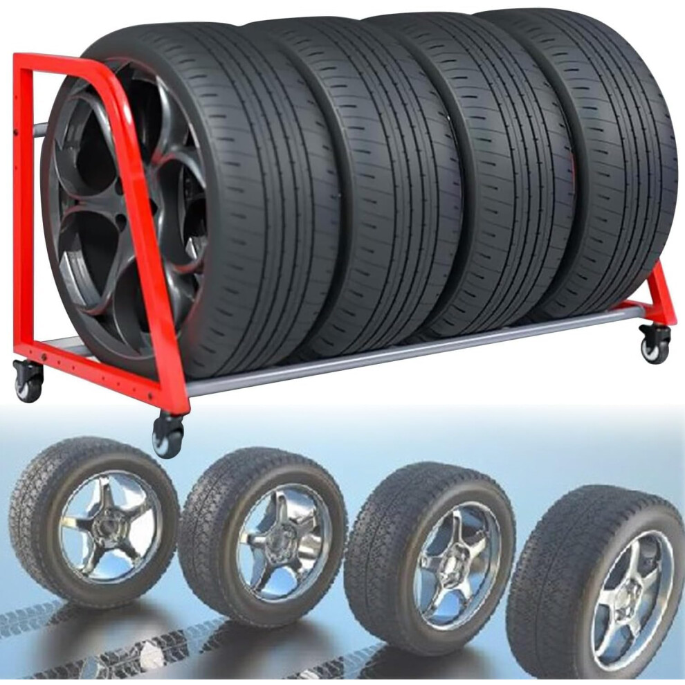 Adjustable Heavyduty Tire Storage Rack With Wheels For Garage And Auto Red Steel Organizer 9330225503927