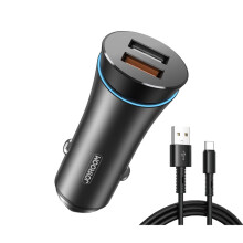 Chargeur de voiture double port Joyroom 30 W QC3.0 avec câble USB-A vers USB-C - Noir