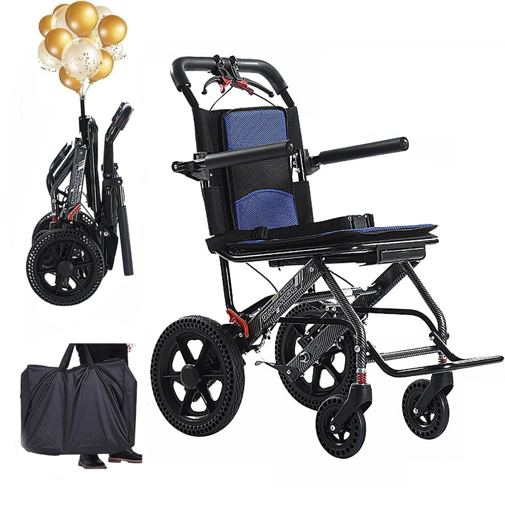 Blue/Black Lightweight Transport Wheelchair For Adults, Ultralight Foldable Design With Telescopic Handle, 18Lbs Frame