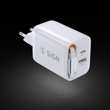 SiGN GaN Schnellladegerät USB-C/USB-A 40W mit verlängerbarem USB-C-Kabel - Weiß