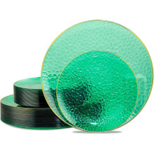 Disposable Plastic Plates Green and Gold Rimmed, Heavy Duty Hammered Dinnerware Set for 30 Guests Wedding Party