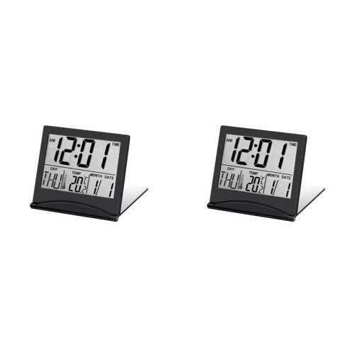 2X Electronic Folding LCD Digital Alarm Clock Desktop Temperature Hygrometer Clock Black