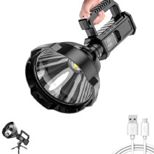 90000 Lumens Rechargeable LED Searchlight with Tripod, USB Output, Long‑Range Water‑Resistant Spotlight for Camping and Work