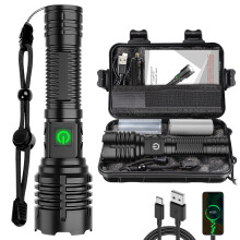 Rechargeable LED Flashlight 100000 Lumens XHP70.2 Super Bright Zoomable Long Range IPX6 Waterproof Torch with 5 Modes and Holster for Camping