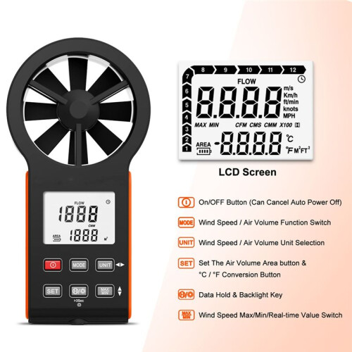 Digital Handheld Anemometer Wind Speed Meter CFM Air Volume Thermometer Waterproof Multifunction WithBacklight 1