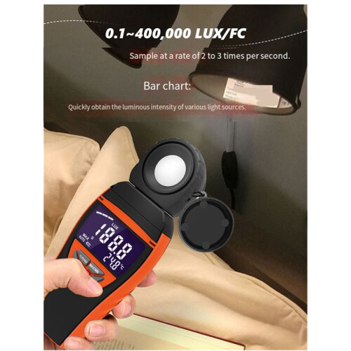 Light Meter, Digital Lux Meter 270 Rotatable Detector, Large Color Backlit Display, Illuminance Meter Temp 2
