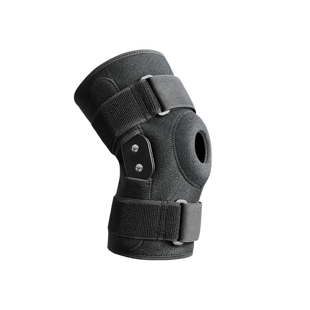 Black Hinged Knee Brace For Knee Pain Relief, Dual Hinged Stabilization, Adjustable Compression Straps, Open Patella Design,