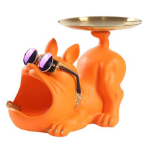 Resin Cool Bulldog Crafts Dog Butler with Tray for Keys Holder Storage Jewelries Animal Room Home Decor Statue,Orange