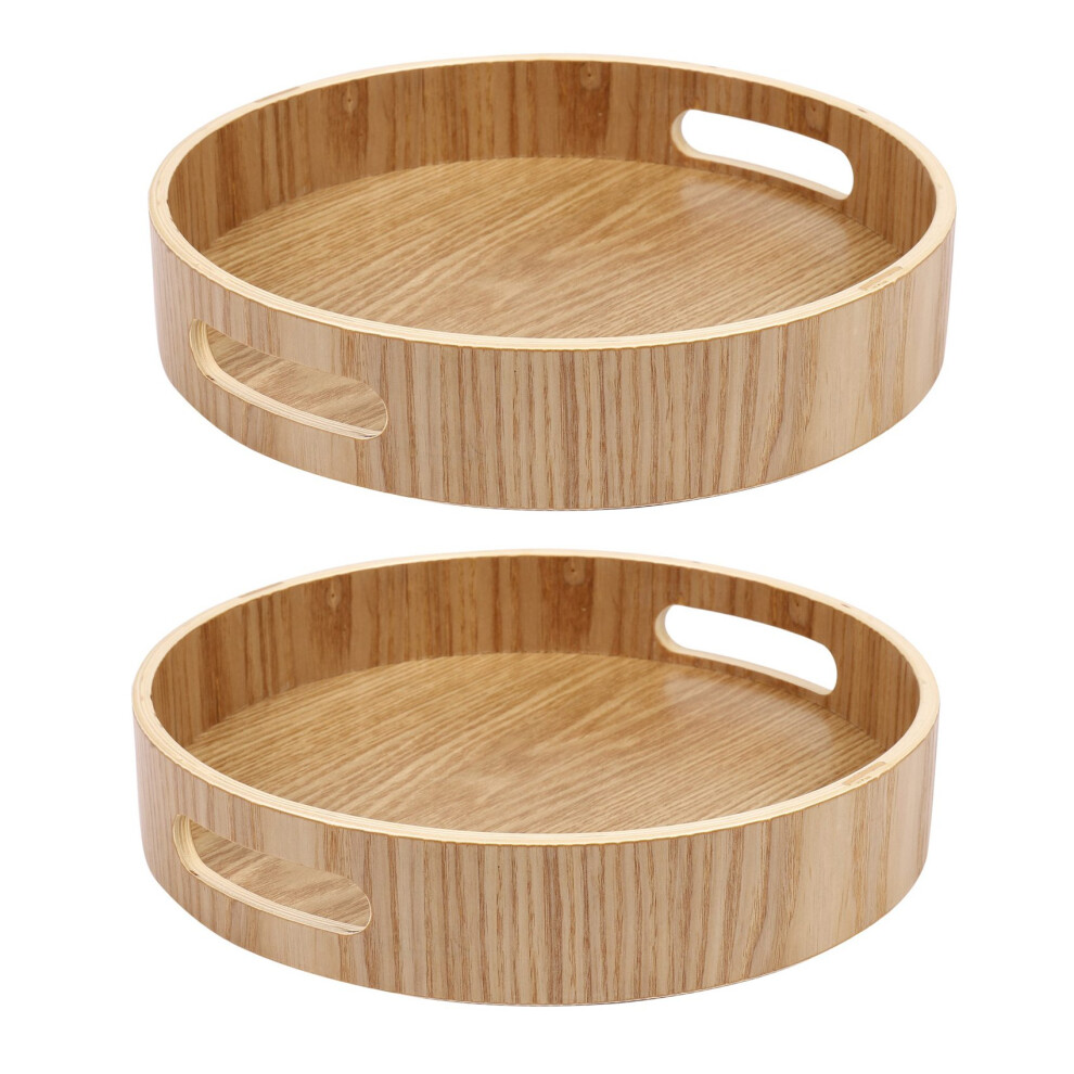 2X Round Serving Bamboo Wooden Tray For Dinner Trays Tea Bar Breakfast Food Container Handle Storage Tray #1 Brecantia