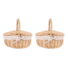 2X Handmade Wicker Basket with Handle Wicker Camping Picnic Basket with Double Lids Storage Hamper Basket
