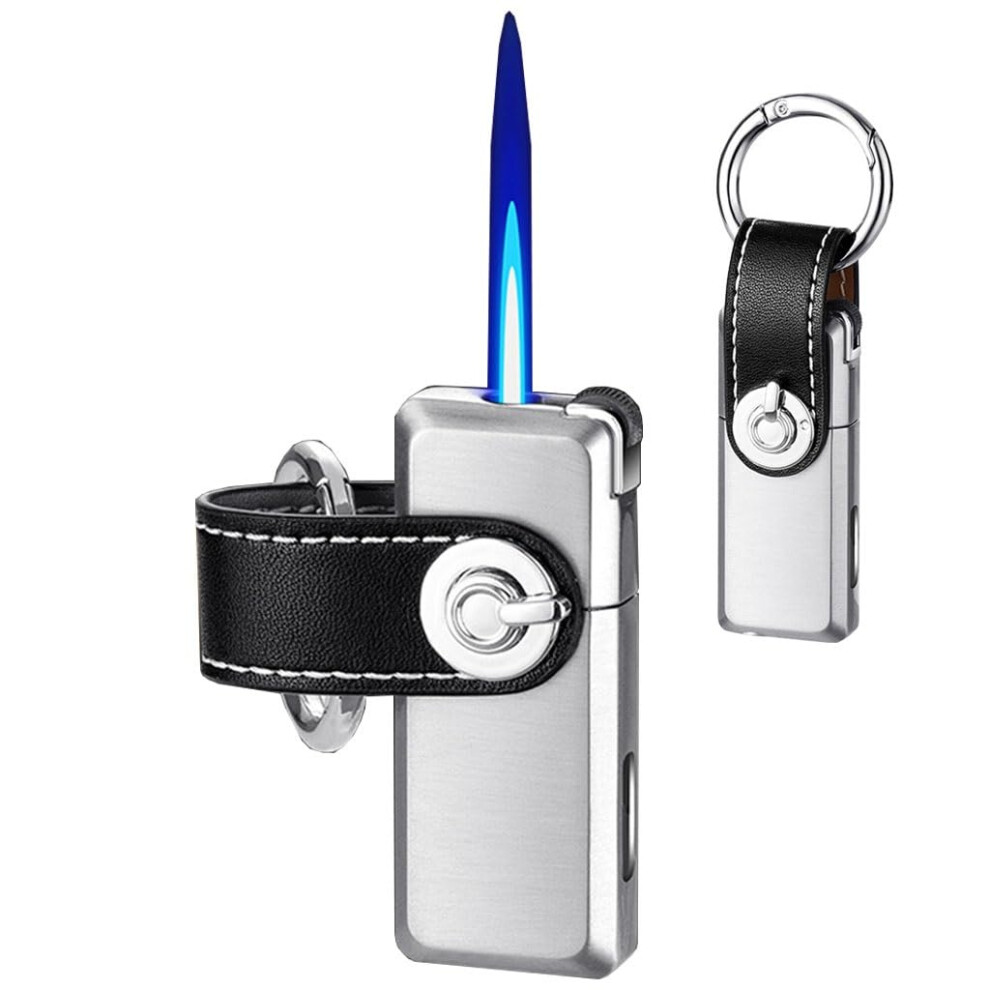 Silver Jet Flame Torch Lighter, Refillable Butane Keychain Design with Adjustable Windproof Flame and Visible Fuel Window