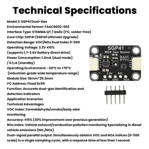 SGP41 VOC Sensor Module Dual Gas Environment Detection Industrial Wide Temperature Range STEMMA QT/Qwiic Interface 2