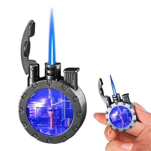 Butane Torch Lighter with Visible Fuel Tank, Windproof Adjustable Flame Refillable Metal Lighter Black