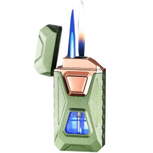 Windproof Butane Lighter with Fourway Smart Ignition, Adjustable Dual Flame and Visible Fuel Window Green