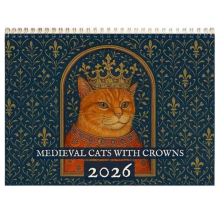 Middeleeuwse katten met kronen kalender 2026 - 12 maanden koninklijke kattenillustraties wandkalender voor thuis en op kantoor? -H