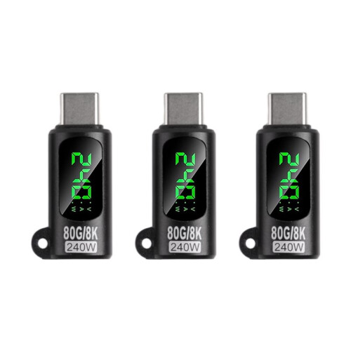 240W USB C Power Meter Tester Adapter, 3-Pack with LED Digital Display, 80 Gbps Data Transfer