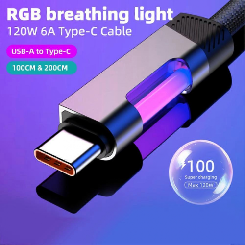 Καλώδιο γρήγορης φόρτισης RGB 2m 120W 6A Καλώδιο φόρτισης USB σε Type-C με φωτισμό περι 2
