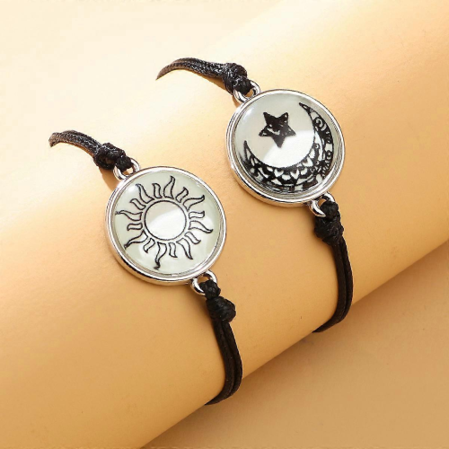 Βραχιόλια για ζευγάρια, 2 τεμάχια Fashion Sun Moon Lovers Time Gem Luminous Versatile Χειροποίητο Β 2