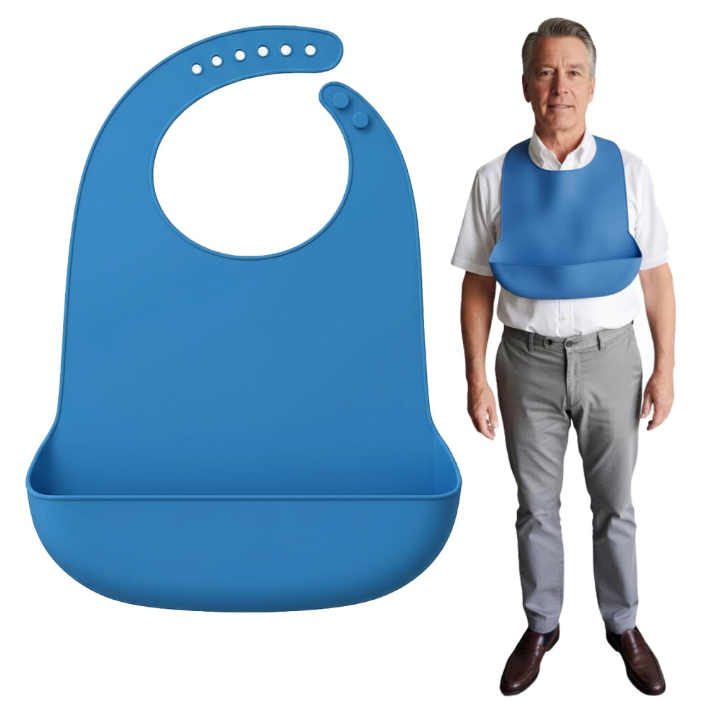 Adult Silicone Bib With Foldable Crumb Catcher, Waterproof Full Coverage Washable Bib For Elderly (Blue) Blue