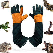 Animal Handling Gloves Long Cuff Bite Proof Protection Cowhide Leather for Cat Dog Pet Training 17.7Inch Green Orange