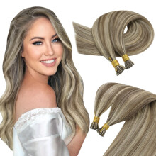 Human I Tip Hair Extensions 20 Inch 50g Pack Light Brown Highlighted Blonde Cold Fusion Tangle Silky Finish