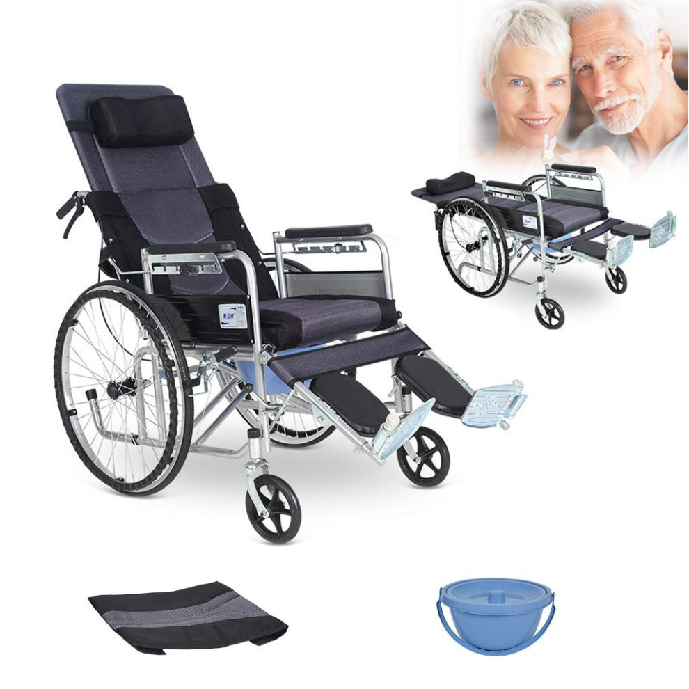 Lightweight Folding Aluminum Alloy Wheelchair with Toilet Seat, Reclining Backrest and Solid Wheels