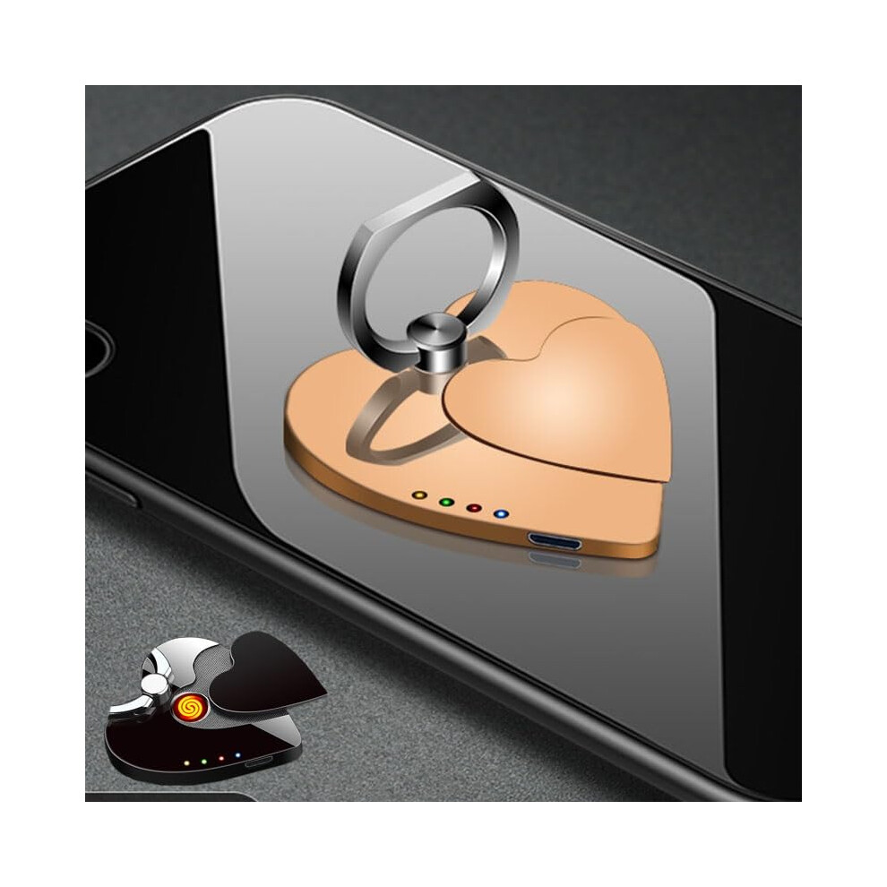 Gold Usb Rechargeable Lighter Heart Shaped 2 In 1 Windproof Flameless Design With Phone Holder Gift