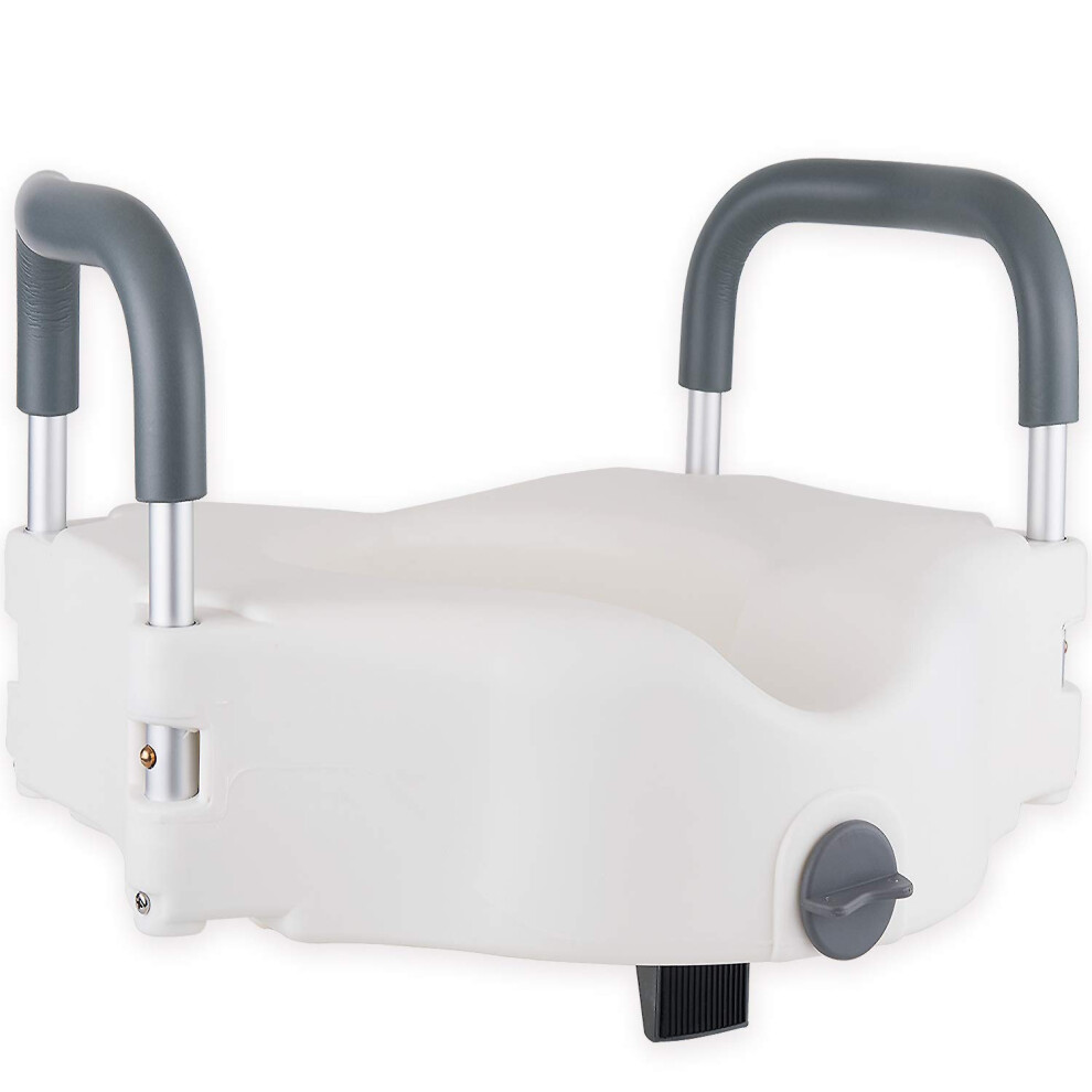 Raised Toilet Seat with Handles for Elderly, Ergonomic Riser with Padded Arms and AntiSlip Lock