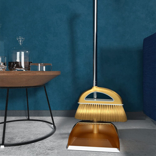 Standing Broom and Dustpan Set with Long Handle, Flat Edge Dustpan, Comb Filter for Home Kitchen Cleaning 2