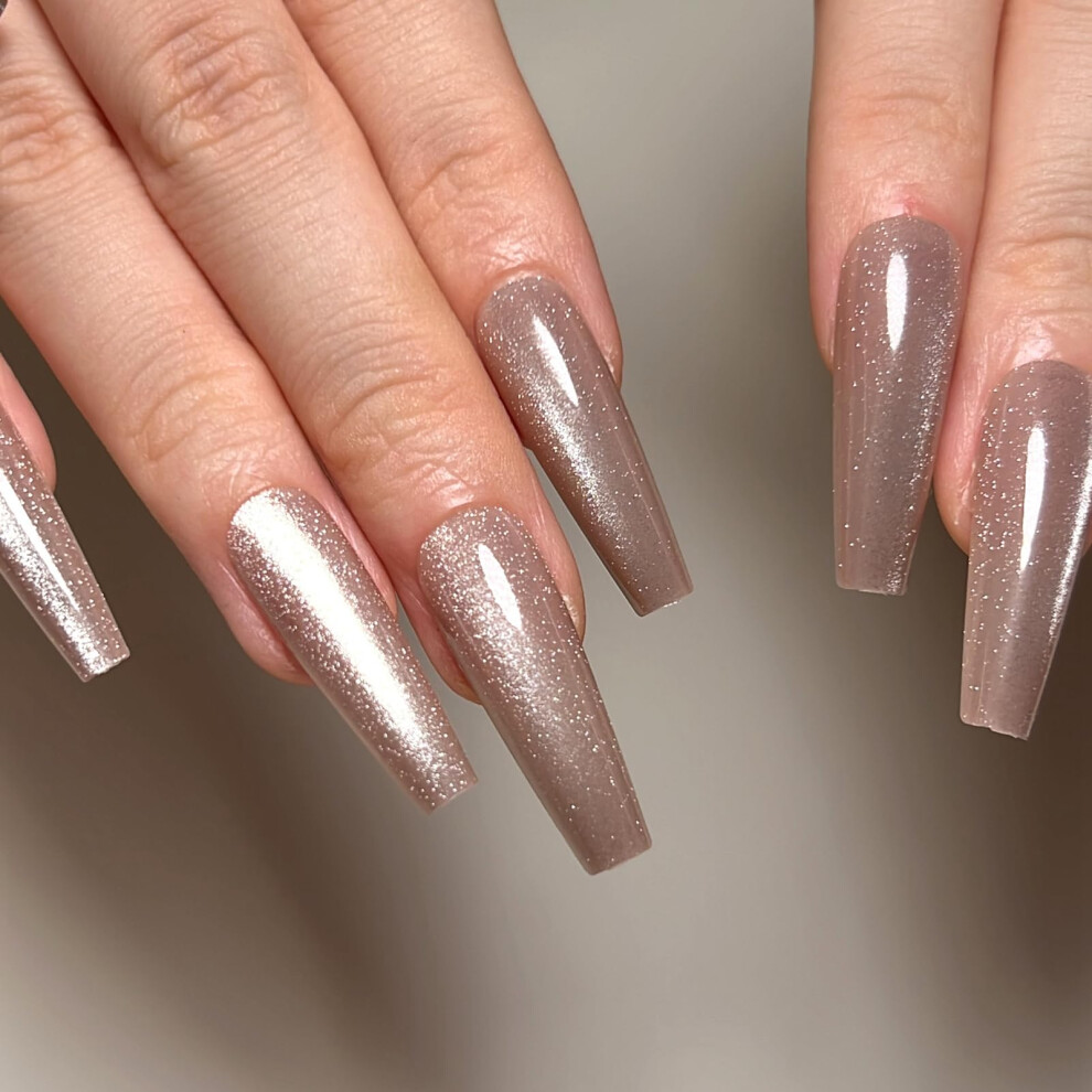 Long Coffin Cat Eye Press On Nails 24pcs Plum Stiletto Full Cover Glitter Glossy False Nails for Women