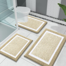 3 Piece Bathroom Rug Set Beige, Soft Thick Microfiber Bath Mat Set, Non Slip Fast Drying Design