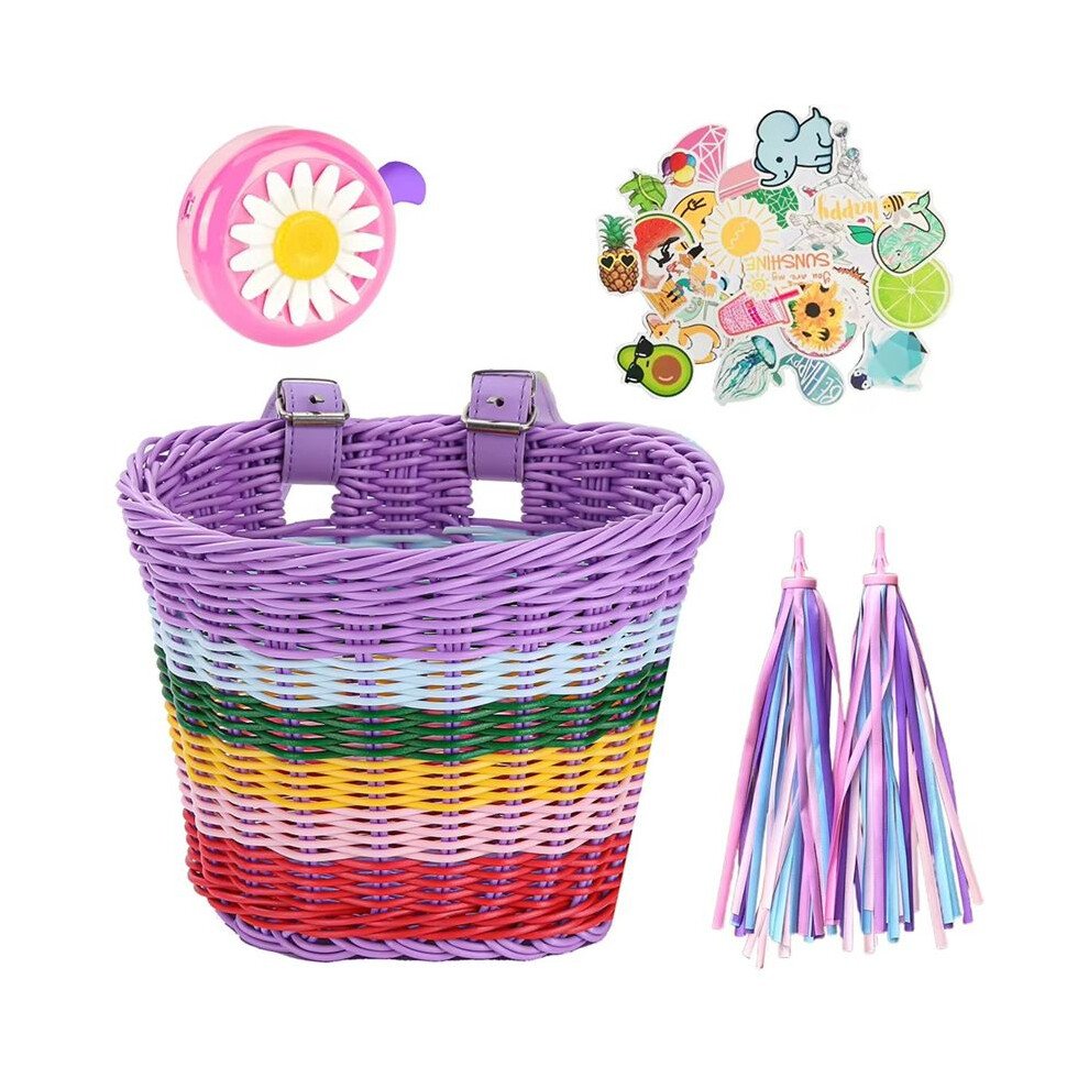 Hand-Woven Bicycle Basket With Bell Tassel Stickers Adjustable Bike Handlebar Carrier Basket Cycling Accessories B Tauoh
