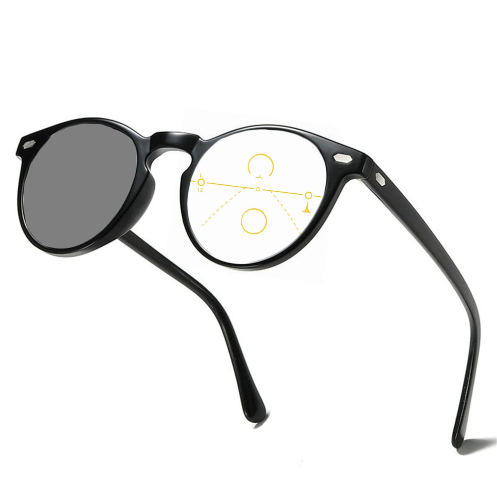Black Progressive Multifocus Reading Glasses 1.25X Photochromic Magnified Sunglasses For Women And Men