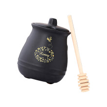 Ceramic Honeys Pot with Lid,Honeys Jar with Wooden Dipper-Black
