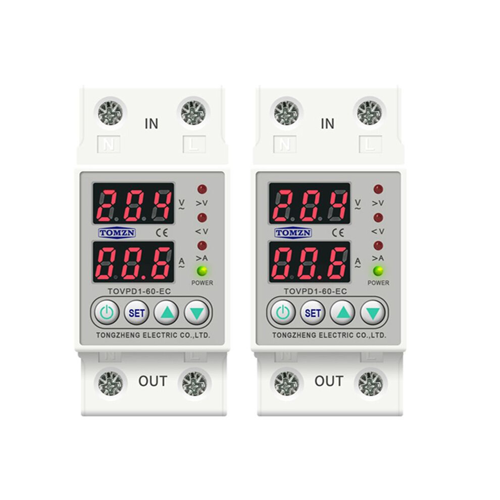 2X Din Rail Dual Display Adjustable Over Voltage Current And Under Voltage Protector Relay 40A 220V 230V Brecantia