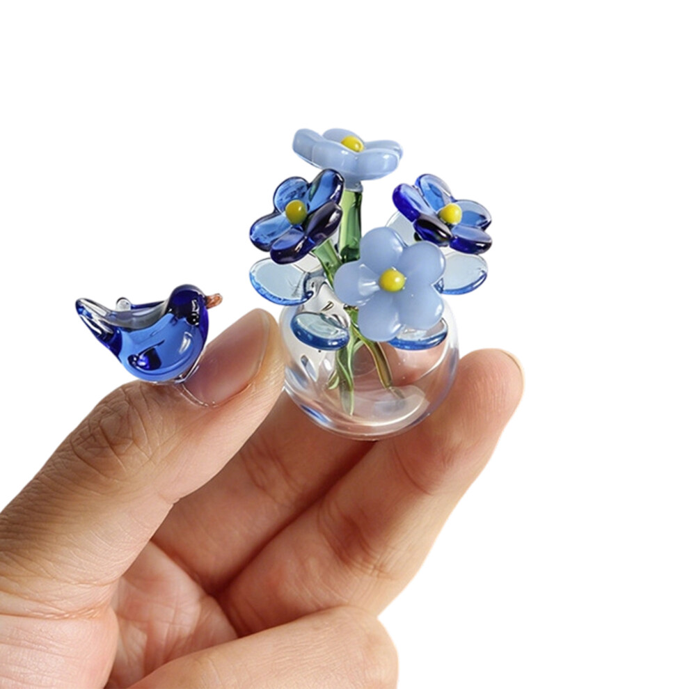 Crystal Forget Me Not Flower Figurine Crystal Glass Bird- Blue