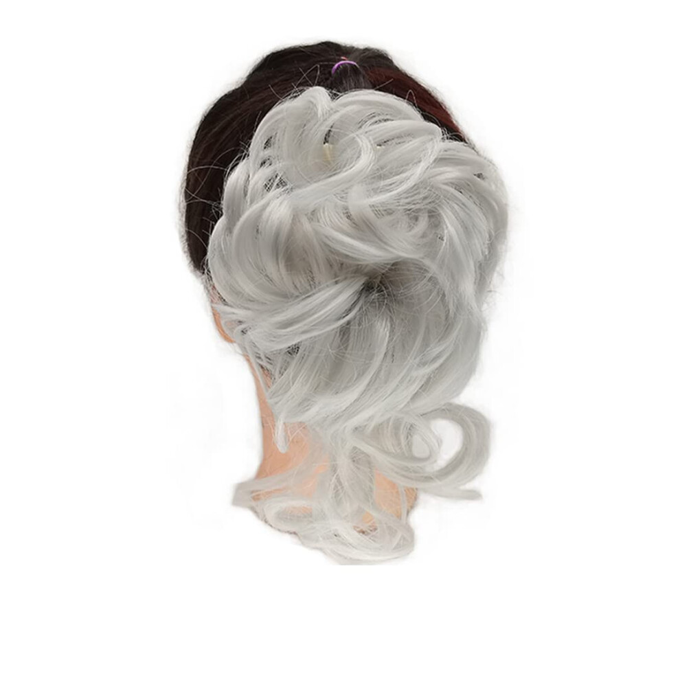 Unisex Grey Synthetic Gray Curly Hair Bun Clip In Hairpiece For Women, Messy Chignon Extension Adds Instant Volume