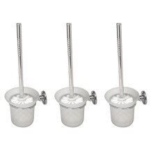 3X Chrome Round Wall Mounted Toilet Brush and Frosted Glass Toilet Brush Holder