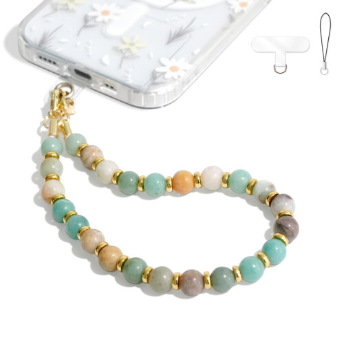 Amazonite Gemstone Phone Wrist Strap, Detachable Beaded Bracelet Strap with Tether Tab for Secure Grip