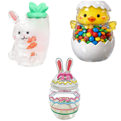 Easter Themed Glass Clear Candy Jar With Rabbit Chick Eggs-C 1