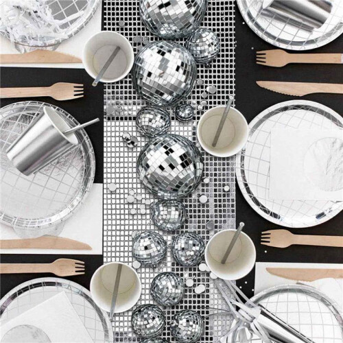 3X Disco Party Table Runner Mirror Silver Foil Table Runner Glitter Metallic Table Cover for Disco Dance Party Wedding 1