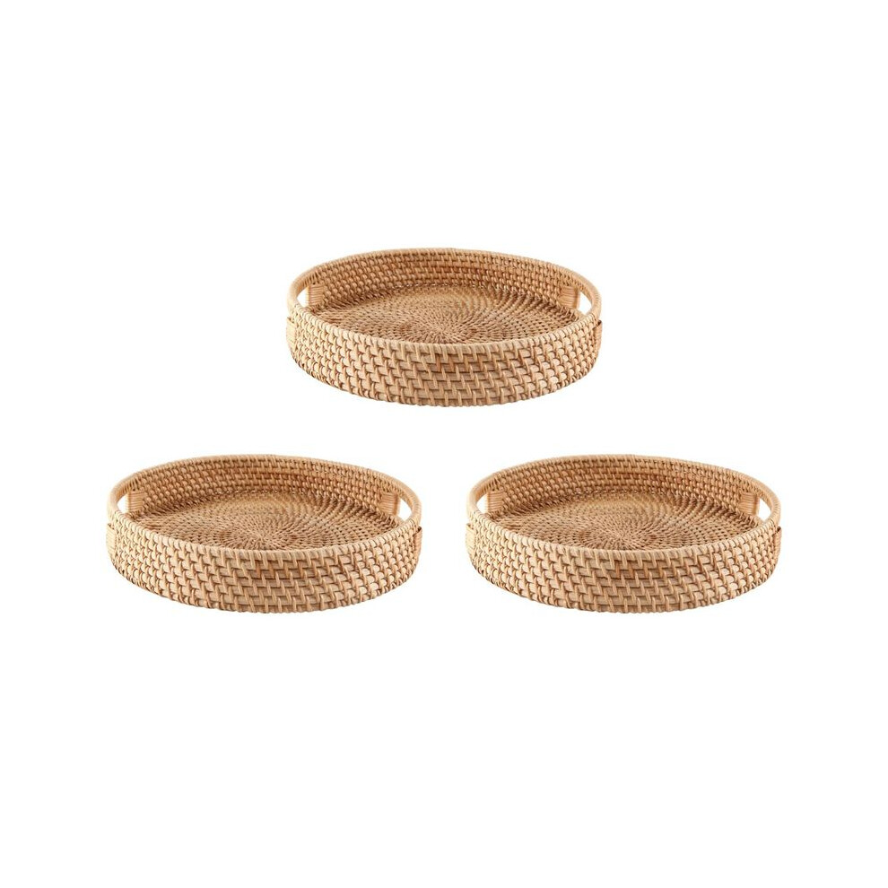 Brecantia 3X Round Rattan Serving Tray Decorative Woven Ottoman Trays With Handles For Coffee Table Natural(Small)
