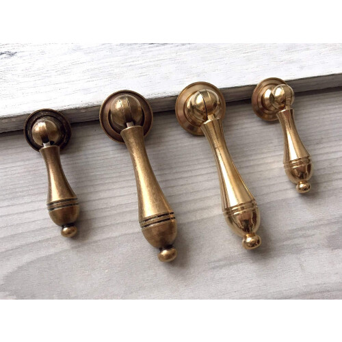 Brass Drawer Pull Solid Brass Vintage Drop Ring Design for Dresser Cabinet Polished Brass Large 2