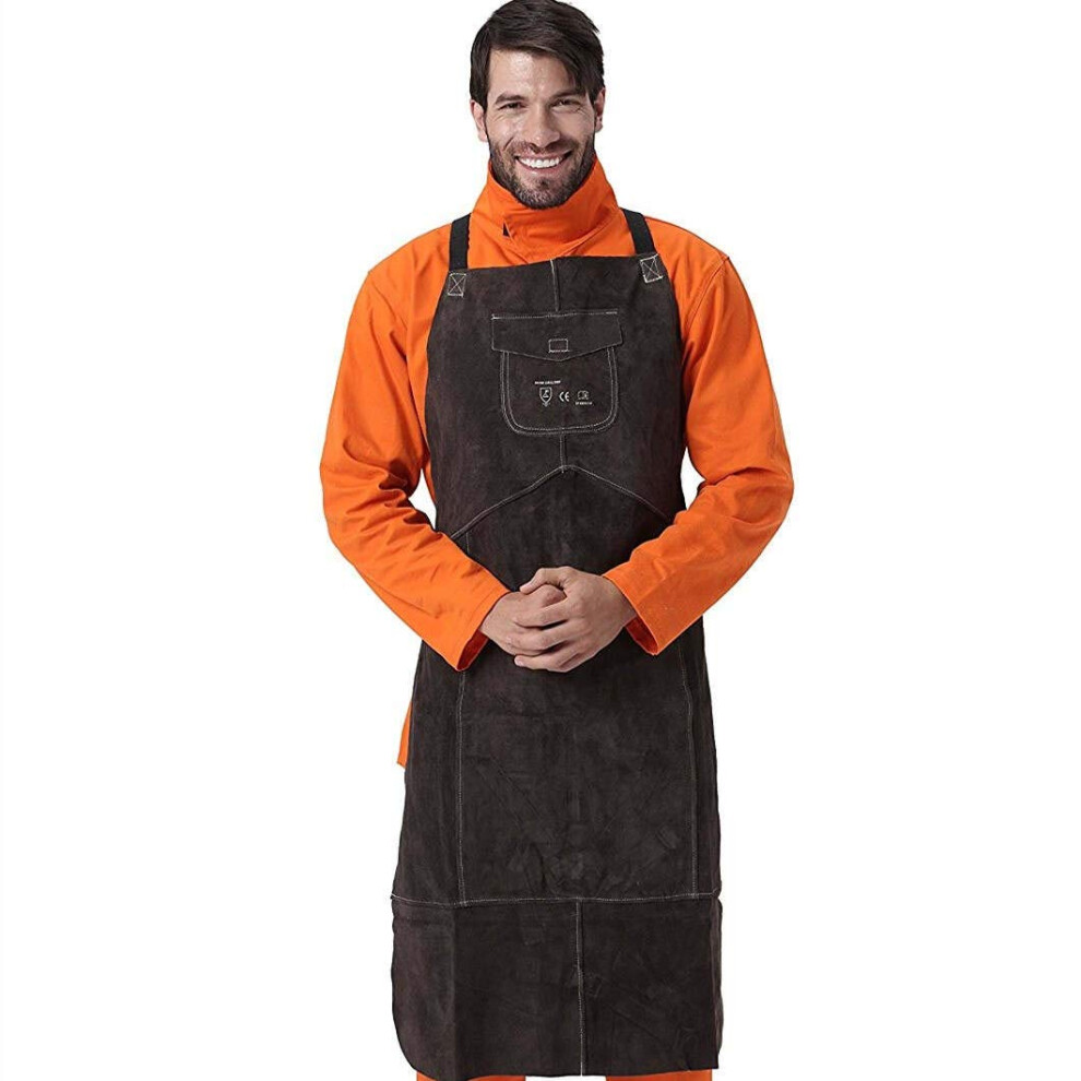 Leather Welding Apron Heat Resistant Cowhide Work Apron With Adjustable Harness And Chest Pocket Brown 9351714658331