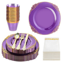 Disposable Dinnerware Set 175 PCS Purple and Gold for 25 Guests, Elegant GoldRim Plates and Cutlery for Weddings