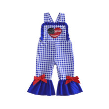 (4-5 Years, Blue) Baby Girl Plaid Flare Leg Jumpsuit Patriotic America Flag Heart Embroidery Ruffle Romper